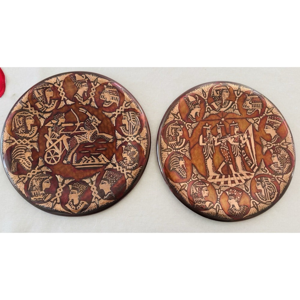 Set of 2 Copper Wall Hangings Egyptian Revival Engraved Art Plates‎